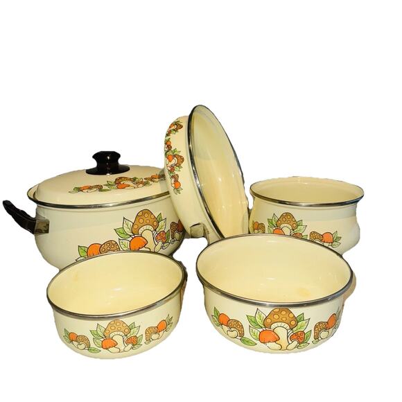6 Pc Vintage Mushroom Stock Pot Pan Lid Set Saucepan Frying Bowl Enamel Beige
